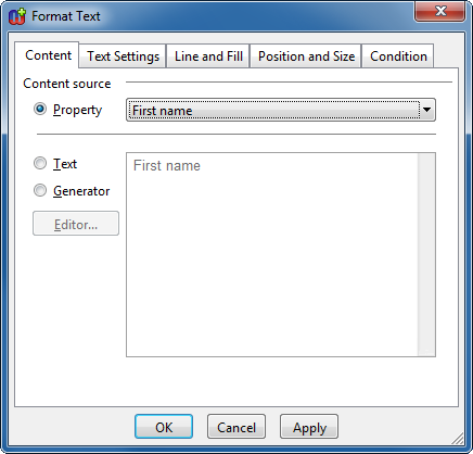 Format dialog for text field