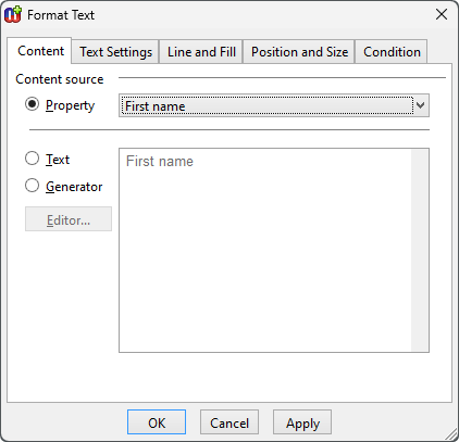 Format dialog for text field
