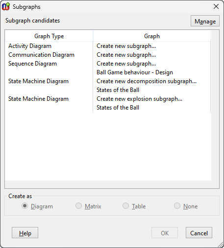 Subgraphs dialog for creating