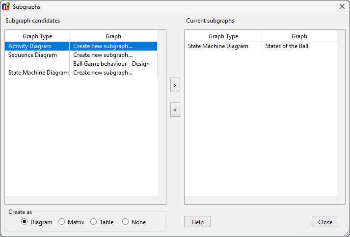 Subgraphs dialog for managing