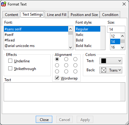 Text settings